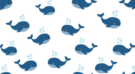 Naklejka premium Seamless marine life pattern featuring cute blue whales blowing water on a clean white background for kids and nursery themes.