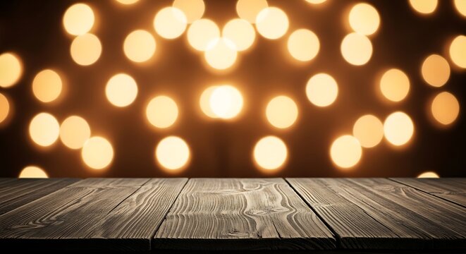 Spooky halloween background with wooden table and glowing lights for decoration