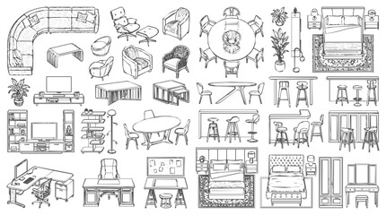 Obraz premium Comprehensive furniture interior design sketch collection featuring hand-drawn home furnishings like sofas, beds, and tables for architectural layouts