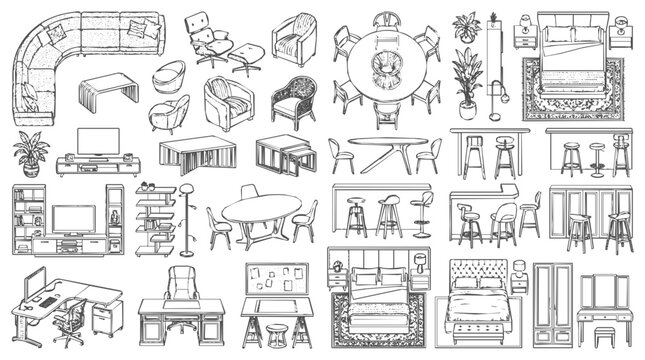 Comprehensive furniture interior design sketch collection featuring hand-drawn home furnishings like sofas, beds, and tables for architectural layouts