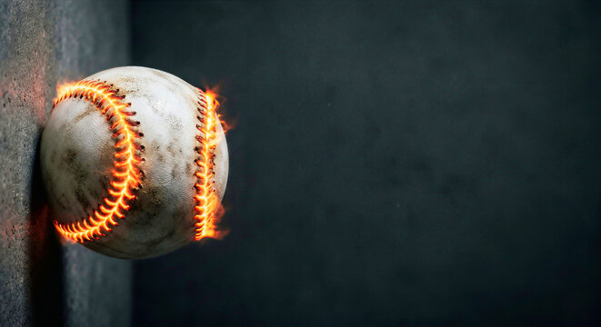 Surreal Sports Concept: Baseball with Glowing Neon Orange Plasma Stitching on Dark Grey Concrete