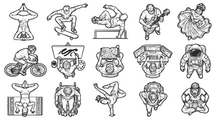 Obraz premium Collection of top-down people engaging in diverse lifestyle activities including sports, hobbies, and work in a hand-drawn sketch style illustration.