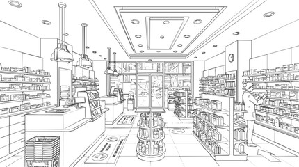 Obraz premium A detailed Pharmacy Interior Sketch showing Medicine on Shelves with a professional Pharmacist working in a modern drugstore retail space