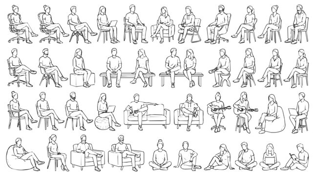 Sketch - Large Collection of Sitting People Sketches and Hand Drawn Character Illustrations in Various Poses for Architectural Scale and Creative