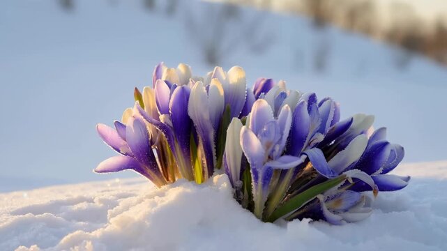 Slow tracking shot of blue and purple crocus cluster blooming through snow with frost on petals in sunlight