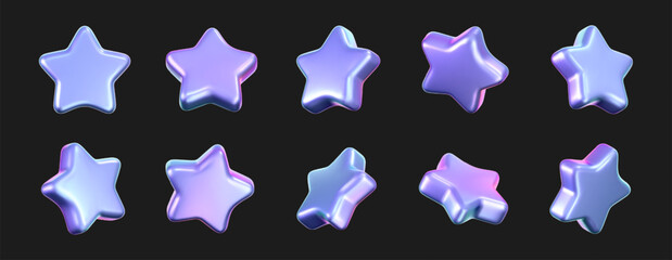 Obraz na płótnie Canvas 3D holographic star icons isolated on a dark background. Realistic chrome neon stars emoji for quality review, reward badge sticker, luxury gift trophy or customer feedback. 3d y2k vector