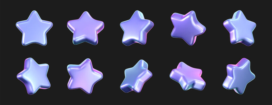 3D holographic star icons isolated on a dark background. Realistic chrome neon stars emoji for quality review, reward badge sticker, luxury gift trophy or customer feedback. 3d y2k vector