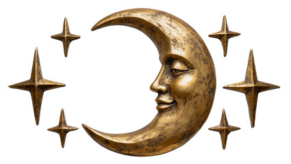 Golden crescent moon with human face and four pointed stars © Sophia