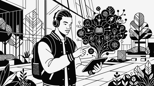 Student using digital education technology, online learning, e-learning concepts, and virtual knowledge networking in a modern vector illustration