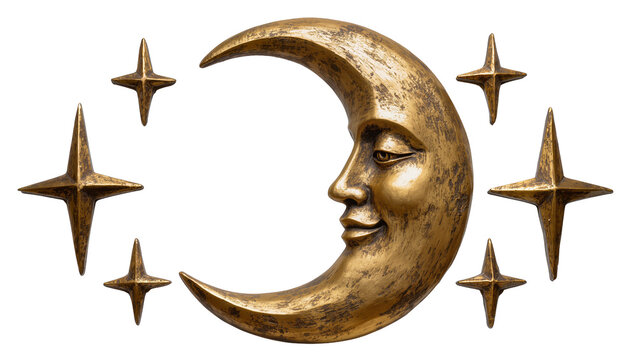 Golden crescent moon with human face and four pointed stars