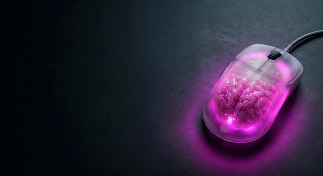 Surreal Frosted Computer Mouse with Glowing Neon Magenta Biological Brain on Dark Charcoal Background