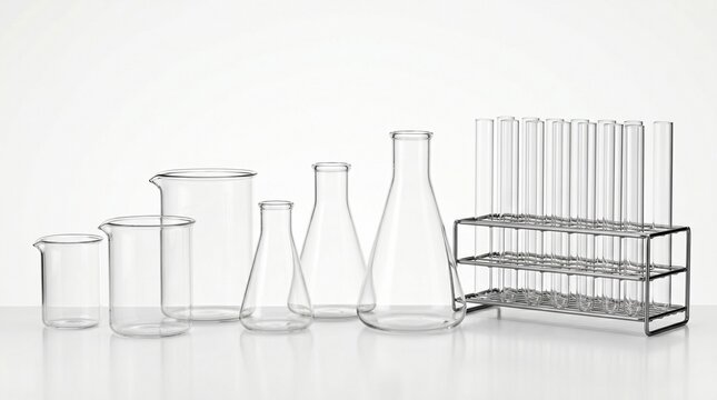 Laboratory glassware collection on white background, professional chemistry beakers and erlenmeyer flasks, clear glass test tubes in metal rack