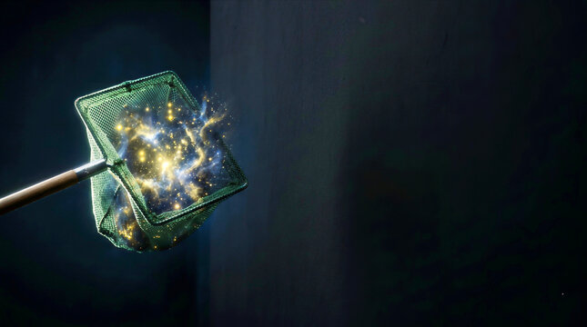 Conceptual Green Fish Net Catching Glowing Yellow Stars and Nebula Dust with Copy Space