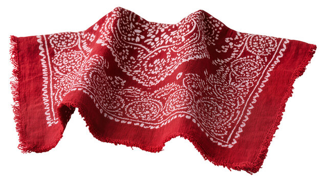 Red bandana with white paisley pattern and frayed edges