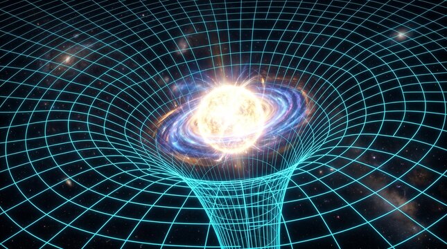 Spacetime curvature visualization with glowing star, gravitational well on digital grid, cosmic physics and relativity concept