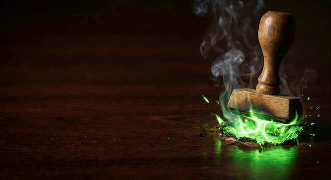 Extreme Macro High-Speed Photo of a Wooden Stamp Hitting a Dark Mahogany Desk Creating a Glowing Bioluminescent Green Plasma Crater