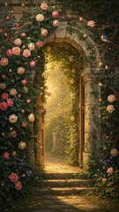 Fototapeta premium Enchanted Secret Garden Archway Glowing Sunlight Mystical Roses Lush Ivy Covered Stone Pathway Romantic Fairytale Entrance Dreamy Hidden Paradise Gate Tranquil Ancient Wonderland Portal Beautiful
