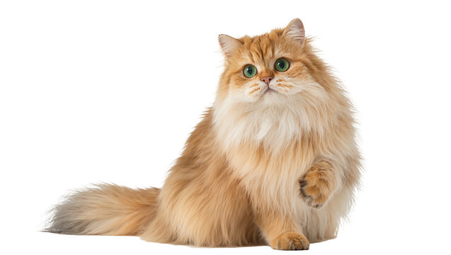 Fluffy golden Persian cat with green eyes sitting