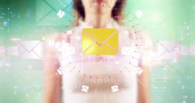Female hand pressing interactive digital mail inbox hologram interface. Technology Related 3D Symbol Animations.