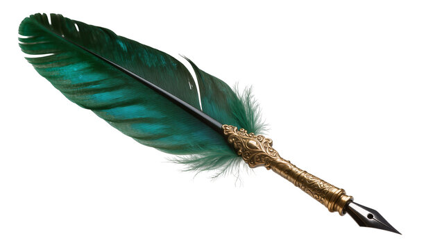 Ornate gold quill pen with emerald green feather