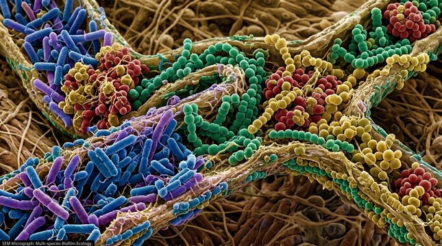Microscopic bacteria colony on fibrous surface, colorful gut microbiome illustration, scanning electron microscope view of pathogens and probiotics