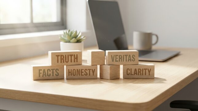 Wooden blocks with words truth facts honesty veritas and clarity on desk.