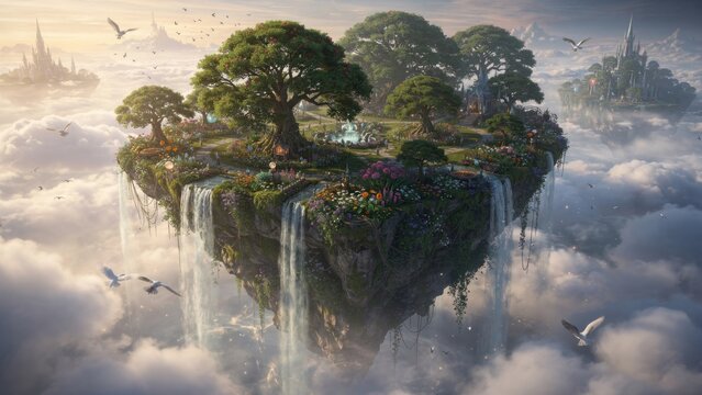 Majestic floating island paradise vibrant ancient trees colorful flowers cascading waterfalls high above serene clouds a magical fantasy landscape dreamlike sky kingdom utopian escape distant