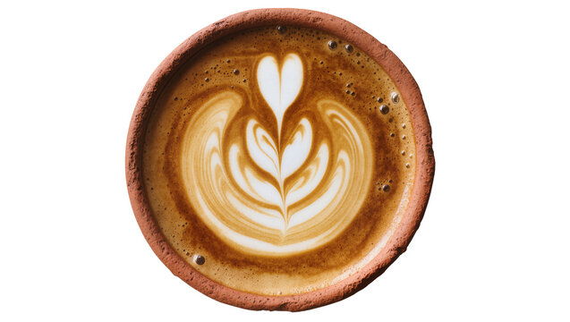 Latte art coffee in terracotta cup with foam heart and rosetta pattern
