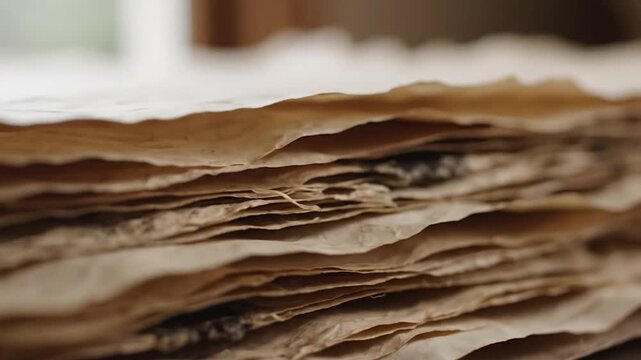 Close up of a stack of antique weathered paper with deckle edges and crumpled texture