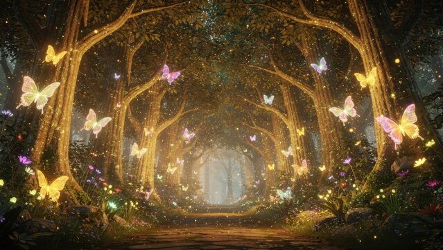 Enchanted Forest Path Bathed in Golden Light Luminous Butterflies and Glowing Flora Creating a Magical Dreamlike Fairytale World a Whimsical Serene Spiritual Journey Through Nature's Embrace
