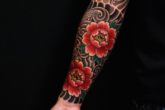 Man shows arm with colorful Japanese tattoo featuring peonies and dragon scales. Intricate artwork covers forearm and bicep. Body art on black background displays vibrant red flowers and dark shading.