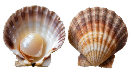Two scallop shells, one open revealing edible adductor muscle © Sophia