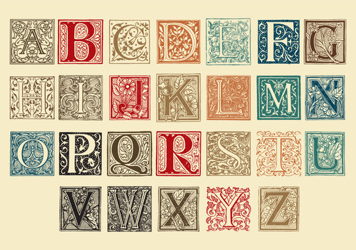 Ornate alphabet letters a to z in decorative frames, vintage style with intricate patterns and rich colors