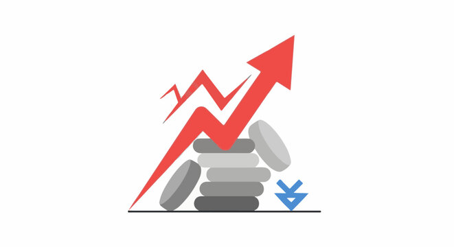 Stacked coins with an upward trending arrow and a downward arrow