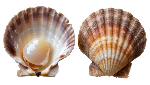 Two scallop shells, one open revealing edible adductor muscle