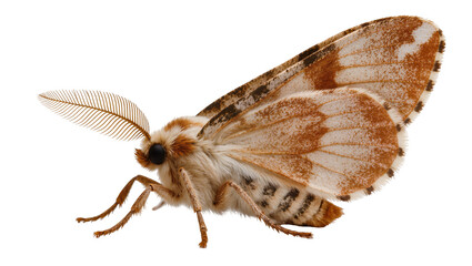 Fuzzy moth with brown and white patterned wings and feathery antennae © Sophia
