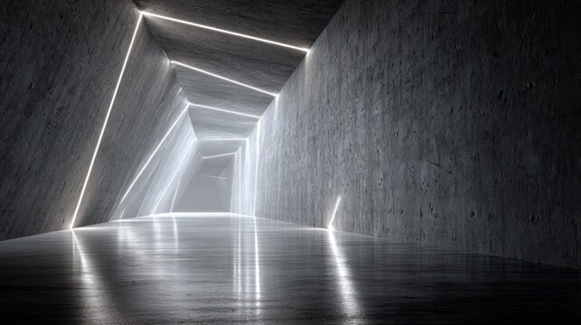 Angled concrete corridor illuminated by bright linear lights extending into a distant void