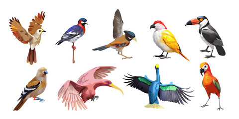 Obraz premium Collection of colorful exotic and wild birds set, vector