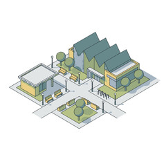 Obraz premium Isometric illustration of a modern urban street corner with buildings, benches, and trees.