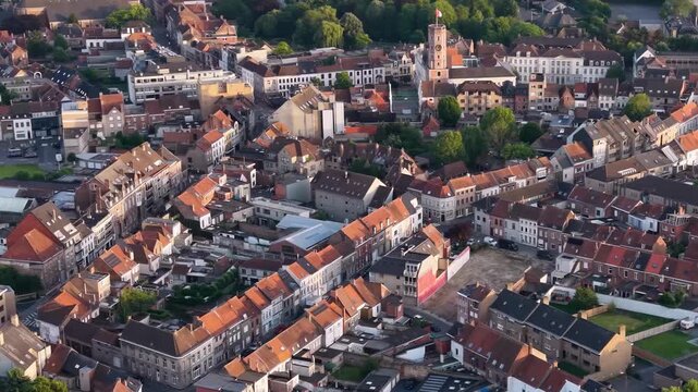 Aerial view beside the old town above the city Menen in Belgium, on a sunny afternoon in early summer.