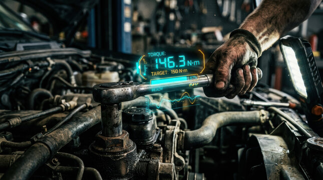 Mechanic tightening bolt wrench engine torque garage repair tool hand with gloved worker using torque wrench on vehicle engine during maintenance in workshop