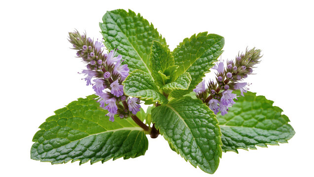 Mint plant sprigs with green leaves and purple flowers