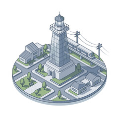 Naklejka premium Isometric illustration of a lighthouse in a city with a train passing by.
