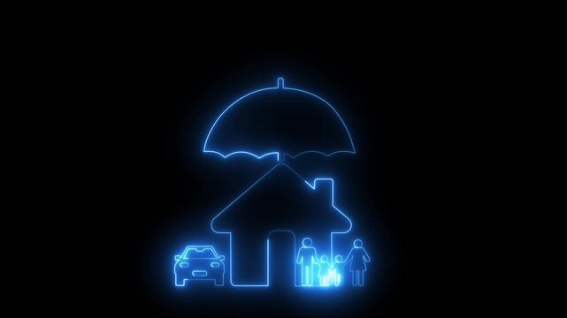 Insurance service concept design. Home, car and family are under an umbrella. Vector illustration. 4K video.