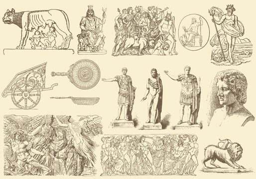Sepia-toned ancient greek warriors, gods, and mythological creatures in detailed ancient greece greek mythology