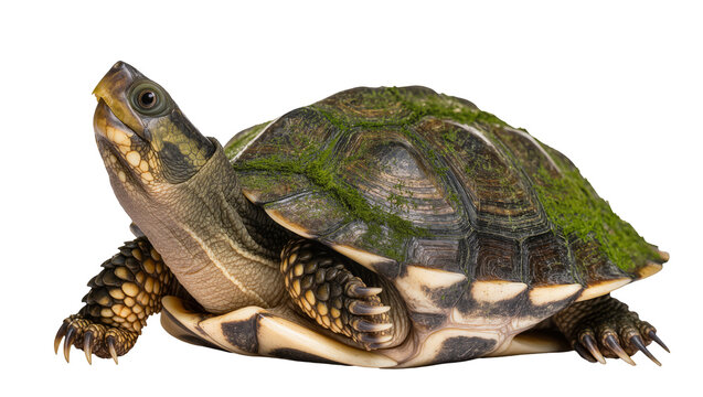 Tortoise with moss on shell and textured skin