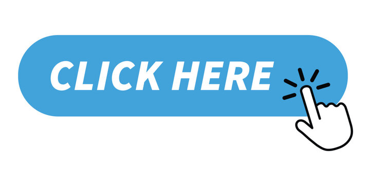 Blue click here button with white hand cursor icon and click animation effect.