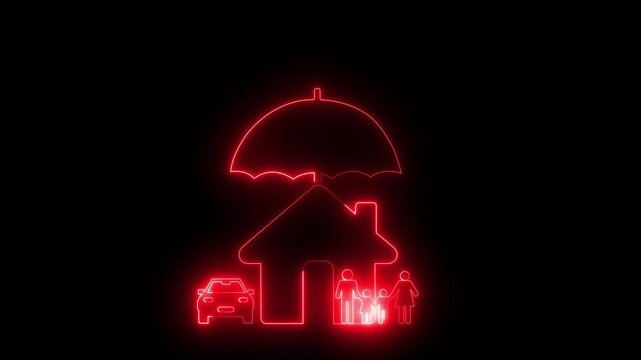 Insurance service concept design. Home, car and family are under an umbrella. Vector illustration. 4K video.