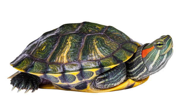 Red-eared slider turtle with green and yellow patterned shell