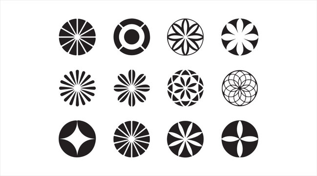 Decorative circular symbol pack with rosette motifs, spiral patterns and minimalist black geometric vector graphics isolated on white background